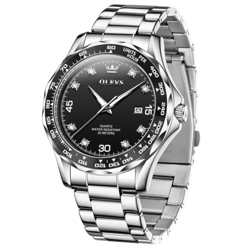 OLEVS Black Watches for Men Dress Big Face Silver Mens Watches Stainless Steel Men's Wrist Watch Luxury Diamond Classy Analog Quartz Date Man Watch Fashion Waterproof Reloj Para Hombre