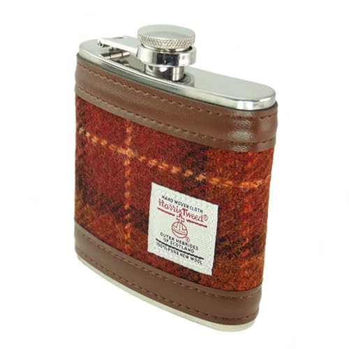 Glen Appin of Scotland Harris Tweed Hip Flask Scottish Symbol Travel Bottle Orange Overcheck Flasks 6Oz