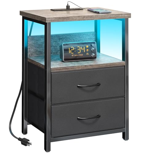 Image of Fixwal Night Stand with Charging Station, LED Nightstand with U-S-B Ports and Outlets, 2 Fabric Storage Drawers with PU Finish, Bed Side Table, French Oak