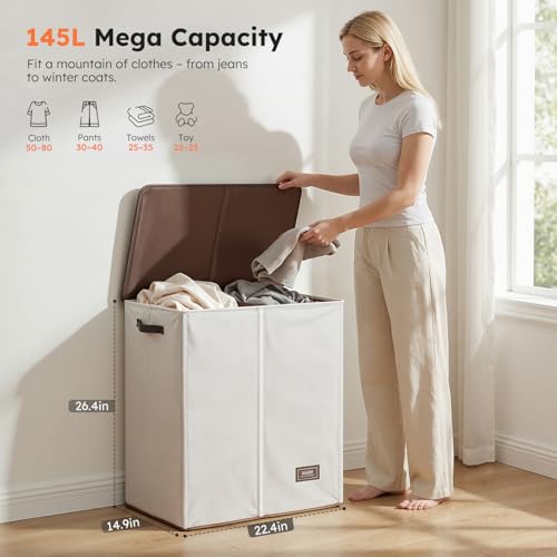 Miniatura 2 de Soledi Cesto Ropa Sucia Con Tapa - 145l Cubo Ropa Sucia De Gran Tamaño Con Bolsa Ropa Sucia - Ceste Ropa Plegable - Adecuada Para Baño Dormitorio Dormitorio Sala De Estar- Blanc Cassé
