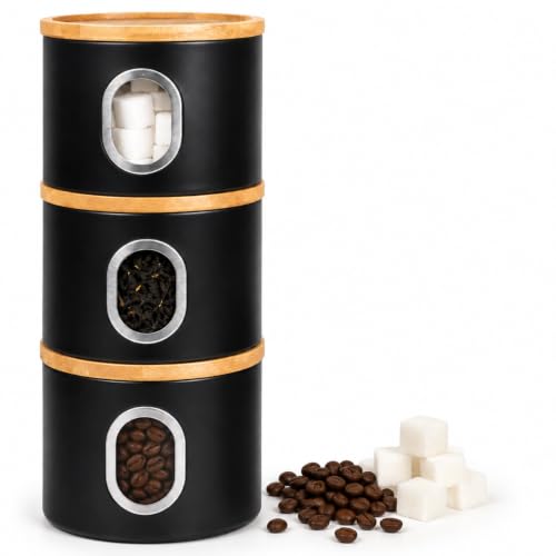 LENAK Tea Coffee Sugar Canister Set, Stackable Airtight Food Storage, Kitchen Storage Containers, Jars Tin With Transparent Window (Black)