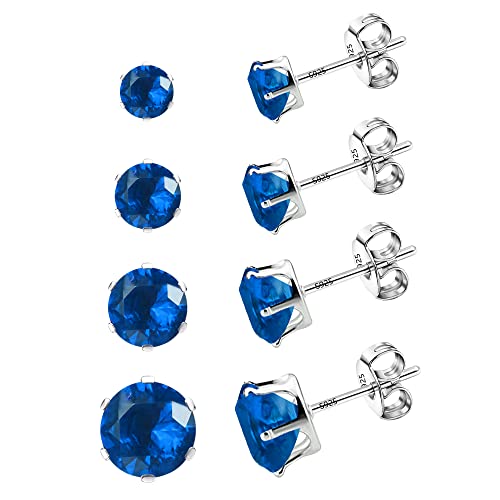 ALEXCRAFT Pendientes de tuerca con punto de luz azul, 4 pares de pendientes de tuerca con punto de luz azul plateado, 3 mm, 4 mm, 5 mm, 6 mm, hipoalergénicos