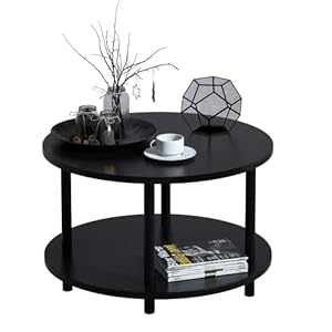 Vanrohe Small Round Coffee Table with Open Storage for Small Space, 23.5″ Black 2-Tier Wooden Center Table for Living Room, Metal Legs, Easy to Assemble