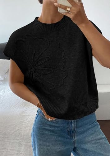 PRETTYGARDEN Women's 2026 Spring Sweater Vest Trendy Flower Knit Short Sleeve Cute Pullover Tank Tops Summer Fashion Clothing (Black,Small) — view 3