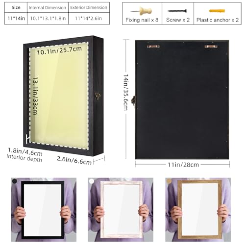 Image of TJ.MOREE Shadow Box 11x14 Memory Display Case Wooden Picture Frame Black | Fits 10x13 Inserts with Linen Back, Rustic Keepsake Box with Glass for Pet Memorabilia Gifts, Wedding Bouquet Military Medals