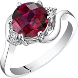 PEORA Created Ruby and Genuine Diamond Ring for Women 14K White Gold, Bypass Solitaire Design, 2.50 Carats Round Shape 8mm, Size 7, July Birthstone Ring, For Classy Gift & Everyday Wear