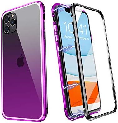 ZHIKE iPhone 11 Case, Magnetic Metal Frame Front and Back Tempered Glass Full Screen Coverage One-Piece Flip Gradient Color Cover Anti-Slip Design [Support Wireless Charging] [Purple-black]