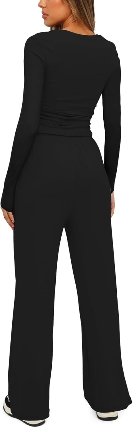 MIUQOO Two Piece Sets for Women Long Sleeve High Waist Wide Leg Tracksuits Casual Workout Lounge Outfits Matching Sets - Image 2