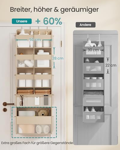 SONGMICS Tür-Organizer, 9 Fächer, Hängeregal, Hängeorganizer faltbar, Hängeaufbewahrung, 4 Metallhaken, Türregal, durchsichtig, sandbeige RDH009LF01