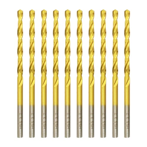 Hilpaty HSS-TiN Drill Bit 3.2mm x 65mm x 10pcs Titanium Coated Twist Drill Bits for Metal, Stainless Steel, Non Ferrous, Cast Iron, Wood