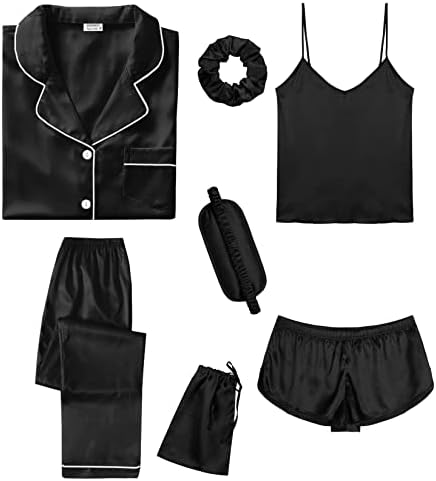 SWOMOG Womens Silk Satin Pajamas Sets 7pcs Sleepwear Sexy Cami Sh...