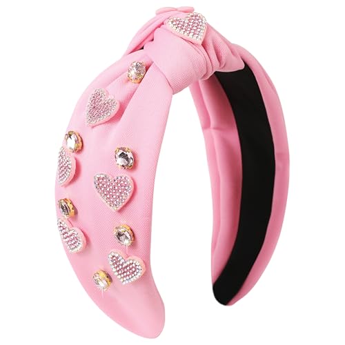Gmmidea Valentine’s Day Heart Headband Rhinestone Beaded Galentines Headband for Women Girls Crystal Heart Knotted Head Band Cute Holiday Valentines Day Costume Hairband Party Decor
