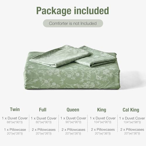 Image of Lekesky King Size Duvet Cover Set, White Floral Pattern King Size Duvet Cover, 3 Piece Green Comforter Cover with Zipper, Ultra Soft Microfiber Bedding Set with 2 Pillowcases