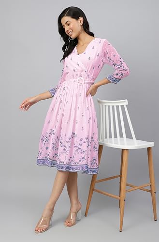 Image of Janasya Women's Dobby Georgette Floral Printed Fit & Flare Dress