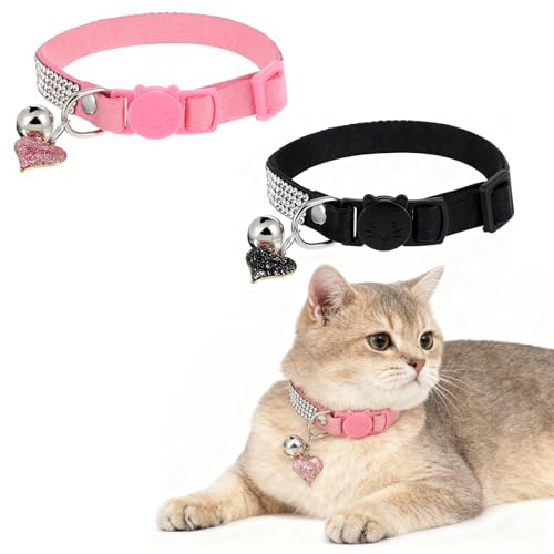 Gtziqa 2 Pack Rhinestone Kitten Collar with Bell, Cat Collar with Rhinestone Bell, Adjustable Soft Fancy Bling Safety Cute Comfy Diamond Collars for Tiny Cats, Small Dogs, Rabbits (Pink, Black)