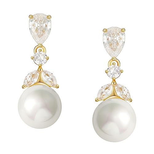 SWEETV Cubic Zirconia Pearl Drop Wedding Earrings for Brides, Ivory Bridal Pearl Earrings for Bridesmaid Jewelry Gift