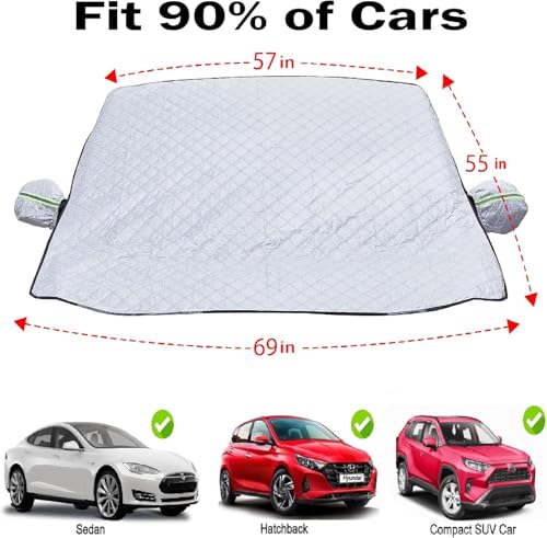 Image of Silver Black Windshield Car Glass Cover for Winter Storm Ice and Snowfall,Waterproof Fabric for Harshest Snow Freeze Weather, Extended Cover for Side Mirrors and Snow /Ice Brush Scrapper