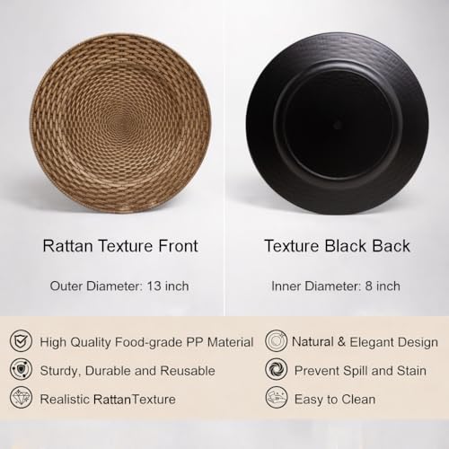 osgevei 13in Charger Plates Set of 12- Faux Rattan Chargers for Dinner Plates- Brown Round Plastic Plate Charger- Farmhouse Rustic Table Charger for Wedding, Party,Halloween, Thanksgiving, Christmas by osgevei - Used condition - Image 2
