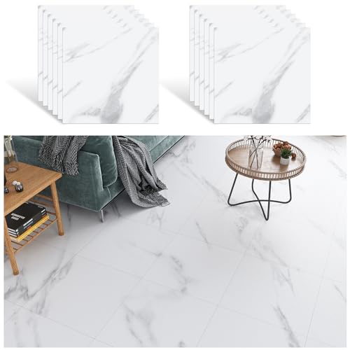 VEELIKE White Marble Floor Tiles Self Adhesive Vinyl Flooring Tiles Stick on Floor Tiles for Bathroom Marble Tiles Kitchen Flooring Waterproof Tile Sticker Bedroom Livingroom 1.5mm 30cm×30cm 12 Pieces