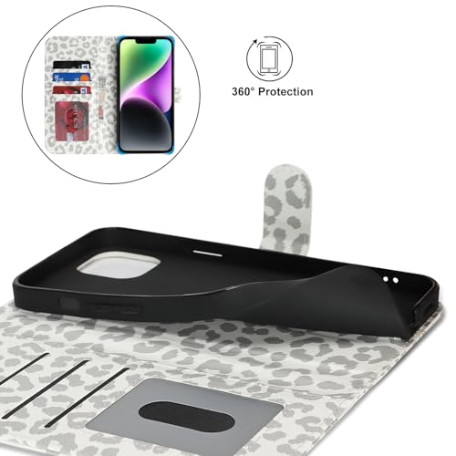 Image of for iPhone 14 Case Wallet with Card Holder,for iPhone 13 Wallet Case for Women Men,PU Leather Shockproof Magnetic Buckle Stand Flip Phone Case-White Leopard