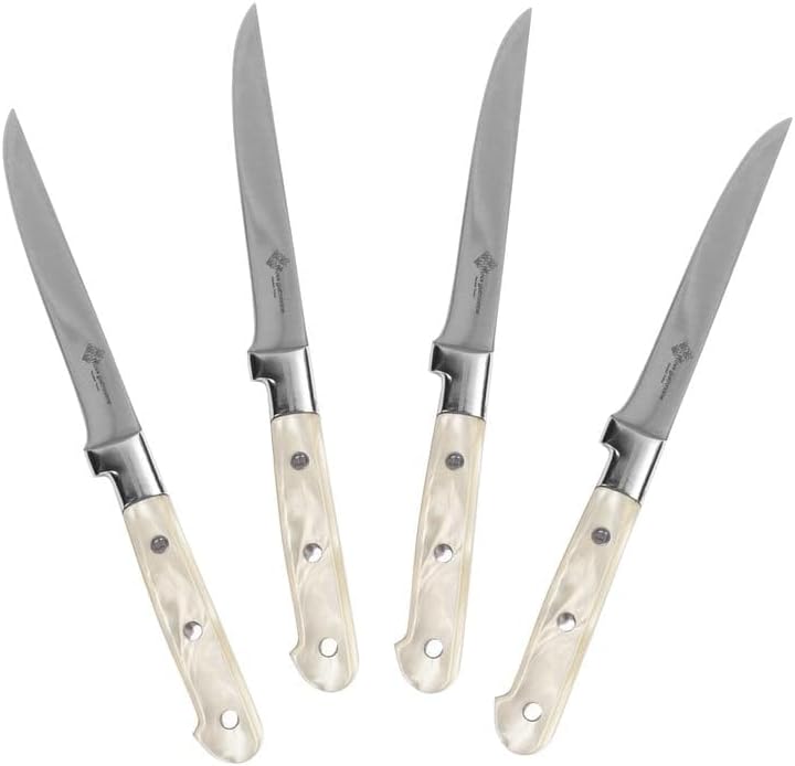 Set of 4 Steak Knives with Pearlized Champagne Handles White Stainless Steel Piece Dishwasher Safe
