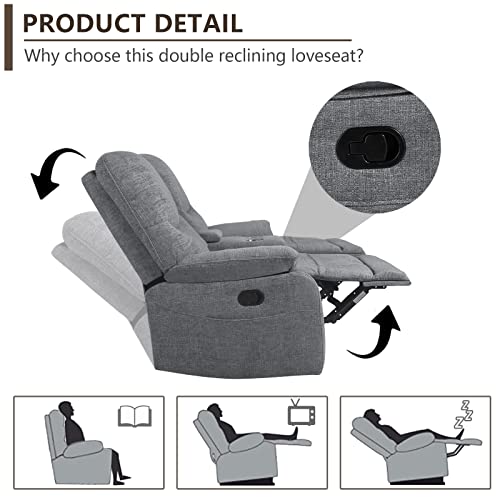 Baijiawei B Modern Double Loveseat Recliner Fabric Reclining Loveseat Couch Sofa With Drawer And Cup Holder Manual Home Theater Seating For Living Room, Office (A: Fabric - Grey) #TOP3