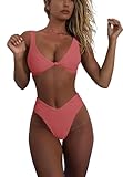 geluboao Reddish Orange Bikini Sets for Women Two Piece Push Up Swimsuits Cute V Cut High Waisted Thong Bathing Suit L