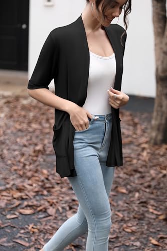 HIYIYEZI Women's Short Sleeve Open Front Cardigan Casual Loose Lightweight Cardigans with Pockets4