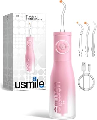 usmile C30 Cordless Water Flosser, 300ml Large Tank, 5 Pressure Levels Deep Clean, S-Shaped Nozzles for Braces & Sensitive Gums, USB-C Rechargeable, IPX7 Waterproof, Portable Travel & Home Use(Pink)