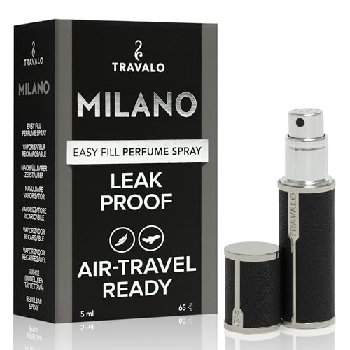 Travalo Milano Perfume Atomizer - Leak-Proof and TSA Approved for Air Travel - Reusable, Airtight, Easy Fill Mini Pump Sprayer - Lightweight Vegan Leather with Polished Metal Outer Shell - Black
