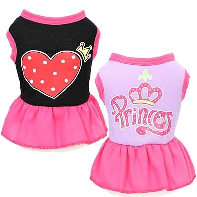 2 Pack Dog Dress Princess Love Pattern Summer Dog Clothes for Small Dogs Girl Teacup Puppy, Chihuahua, Yorkie, Toy Poodle and Cats,Pet Shirts Dresses Black, Purple, XXS