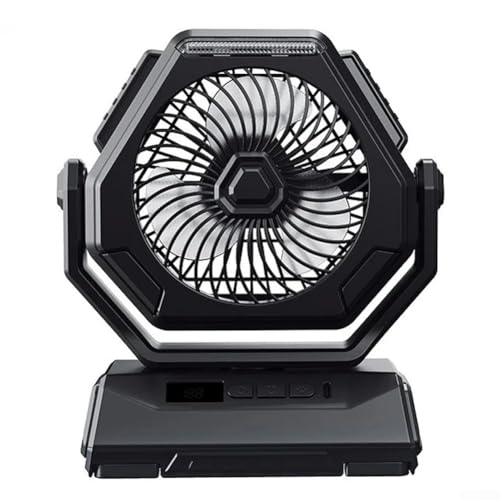 Ventilador de techo para acampar al aire libre de 3 velocidades, recargable y portátil con pantalla LED, para viajes de camping y reuniones al aire libre (negro)