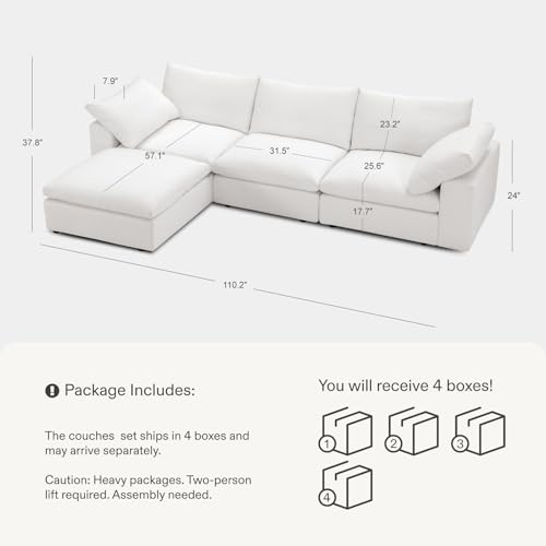 110.2" Cloud Couch Oversized Modular Sectional Sofa, 3 Seater with Ottoman Modern Sofa True Relax Comfy, Wide & Deep Seat Couches with Metal Frame, Furniture Sets for Living Room, White - Image 3