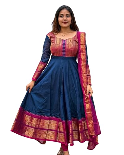 Image of Women's Vichitra Silk Anarkali Gown with Dupatta, Navy Blue Flared Traditional Dress with Magenta Zari Border, Jacquard Weaving Full Sleeves Ethnic Suit