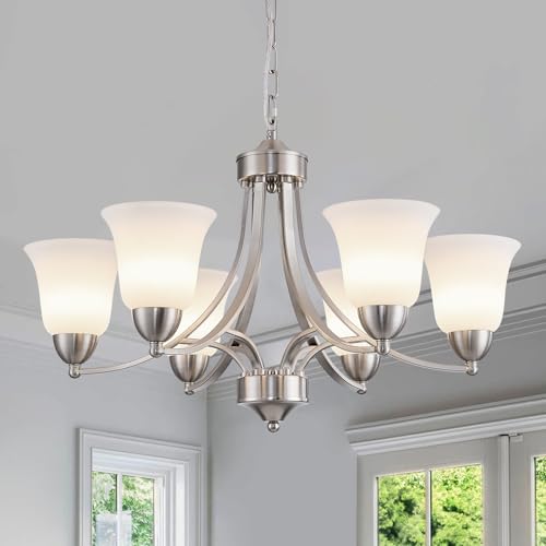 Image of 6 Lights Brushed Nickel Dining Room Light Fixture Farmhouse Modern Chandelier Pendant Light Silver Adjustable Ceiling Hanging Lighting with Frosted Glass for Kitchen Island Living Room Foyer