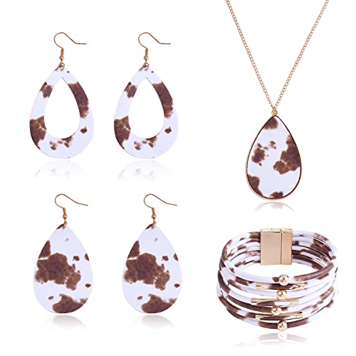 Ornaland Leather Earrings Necklace Bracelet Jewelry Set Teardrop Drop Dangle Earrings Faux Leather Pendant Necklace Multi-Layer Bracelet Gifts for Women Brown Cow Color