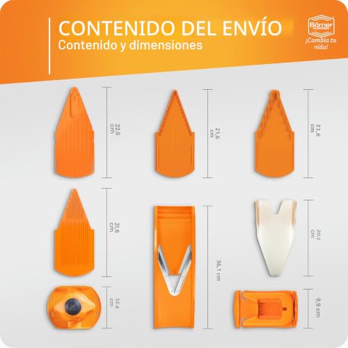 Miniatura 6 de Börner Cortador De Verduras V1 Set Profesional Mandolina En V Con 4 Insertos, Protector, Base Y Caja De Almacenamiento Ajustable Para Cortar En Rodajas, Tiras Y Cubos Color: Naranja