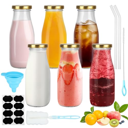 Kigift 6 botellas de leche de cristal de 280 ml, botellas de vidrio para rellenar, botellas de batidos con paja, embudo, cepillos, etiquetas, botellas de zumo reutilizables para zumos, leche, batidos
