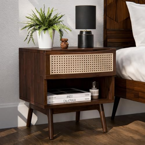 Image of Premium Solid Wood Cane Bedside Table with 1 Cane Drawer & Open Shelf | Handcrafted Rattan Nightstand for Bedroom Hotel Living Room (Walnut Finish)
