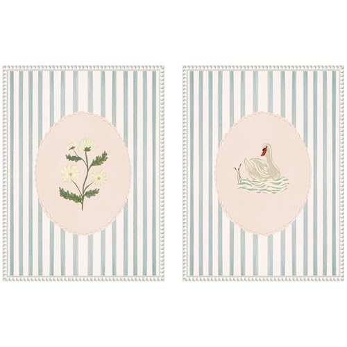 Kate and Laurel Striped Heritage 2 Piece Framed Canvas Wall Art Set by Nikita Jariwala, Sylvie Beaded White Vintage, Flower Art for Wall Decor by Kate and Laurel - Used condition - US$93.76