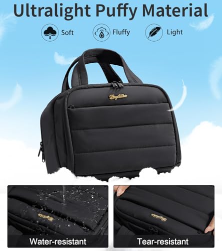 Bagstellar Travel Toiletry Bag for Women, Lightweight Large Quilted Puffy Makeup Bag Wide-open Make up Organizer Cloud Cosmetic Bag w/Handle for Traveling, Toiletries, Essentials, Accessories, Black