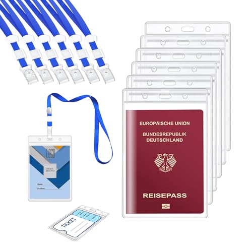 AZWOOD A6 Porte-badges, Lot de 6 11x16cm Imperméable à L'eau des Porte Badges avec Lanière, GRANDE TAILLE Porte Badge Transparent Plastique Porte Carte...