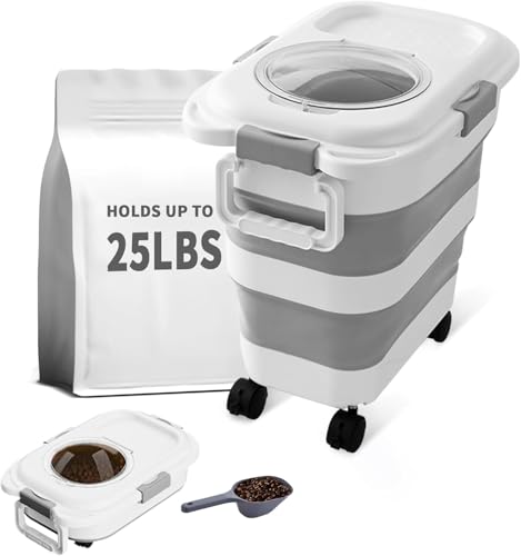 25 Lbs Collapsible Dog Food Storage Container with Wheels and Airtight Lid - Large Pet Food Bin with Handle, Portable Storage for Dog, Cat, or Bird Dry Food