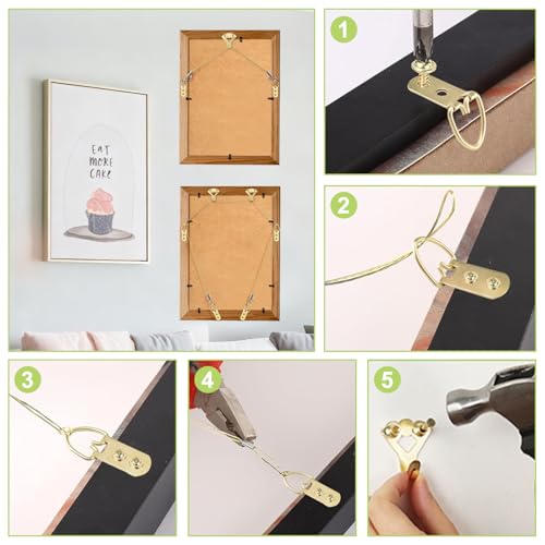 Image of Picture Hanging Kit - 3 Rolls 3M Picture Wire & 6 Hanging Hooks & 12 D-Rings with Nails Heavy Duty Picture Hangers for Wall Art, Exhibitions & Galleries(Gold)
