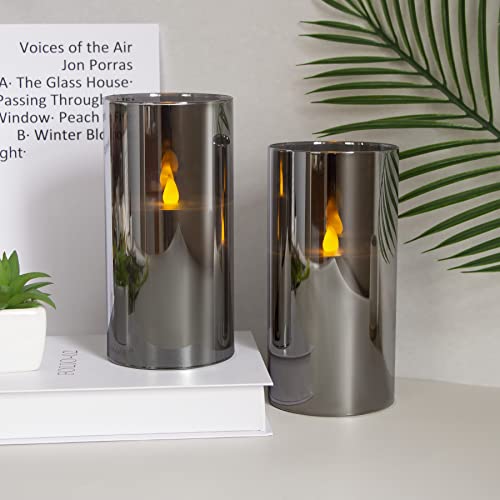 Vtobay Silver Grey Glass 4X8 Inches Led Flameless Candles,Real Wax Flickering Battery Operated Warm Light Pillar Candles With 10-Key Remote Control And Cycle Timer(Set Of 2, 500+ Hours Long Lasting) #TOP1
