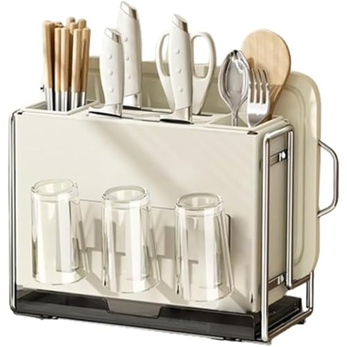 BIBAPU まな板スタンド 包丁立て 鍋蓋スタンド お箸立て 包丁スタンド キッチン収納 包丁ホルダー 多機能キッチン用収納ラック おしゃれ まな板立て 水切りトレイ付 大容量 箸立て 鍋蓋 通気性 防錆 滑り止め吸盤 コンパクト収納 (テーブル - ブ