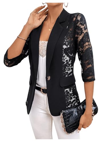 WDIRARA Women's Contrast Lace Waistcoat Single Button Open Front Lapel Neck Sheer Vest Blazer4