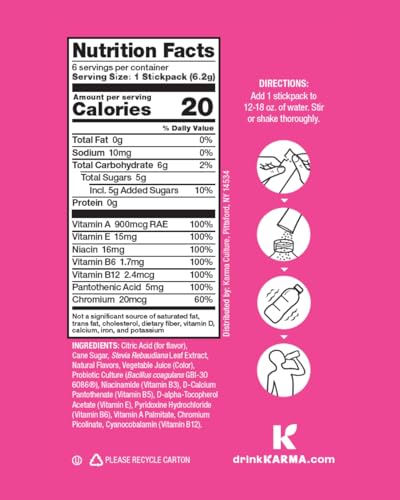 Karma Probiotic Hydration Packet - 6 Pack, Strawberry Lemonade Powder Drink Mix Stick - On-The-Go Immune & Gut Health Support
