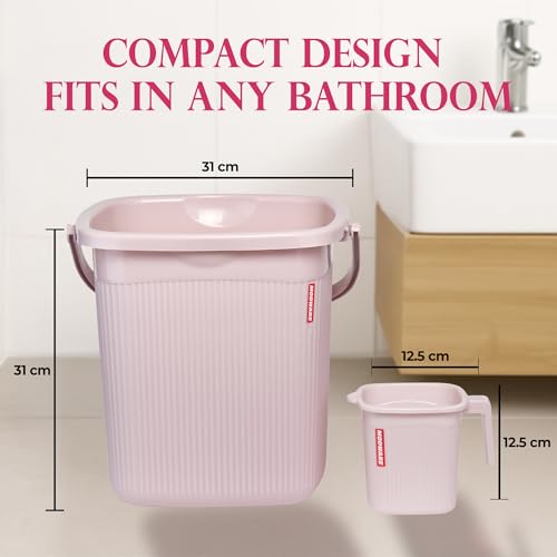 Image of Modware Square Ribbon Plastic Bucket Set with Mug | 18L Brown Bathroom Bucket with Handle + 1L Mug | Heavy-Duty Polypropylene + Co-Polymer | Stylish & Durable Bath Set (Pink)