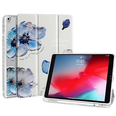 Fycyko Trifold Stand Case for iPad 10.2 Inch,iPad 9th/8th/7th Generation 2021/2020/2019, Aesthetic Blue Flower Pattern with Pencil Holder Shockproof Protective Cover,Blue Flower